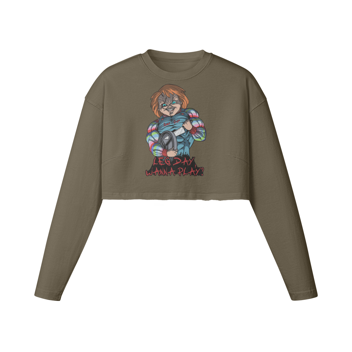 LEG DAY WANNA PLAY?- Womens Long Sleeve Crop Top-Army Brown-League of Lifters