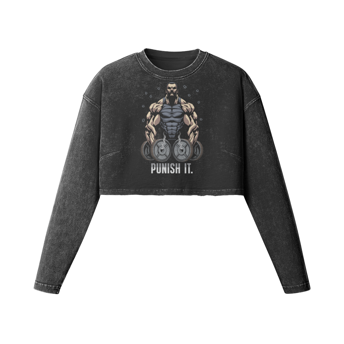 PUNISH IT- Womens Long Sleeve Crop Top-Faded Black-League of Lifters