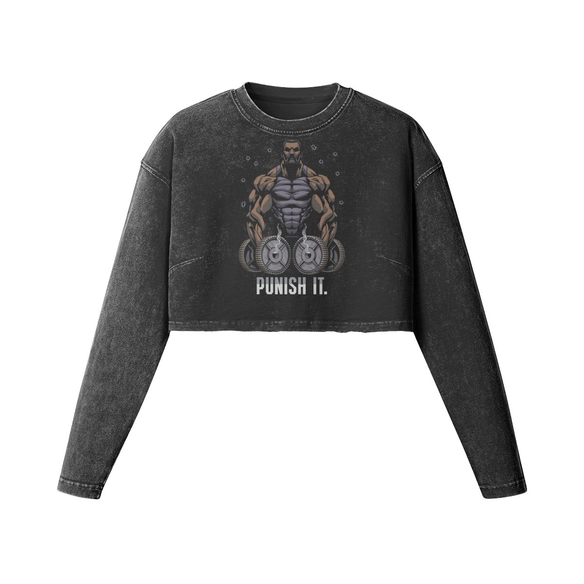 PUNISH IT (BEARD)- Womens Long Sleeve Crop Top-Faded Black-League of Lifters