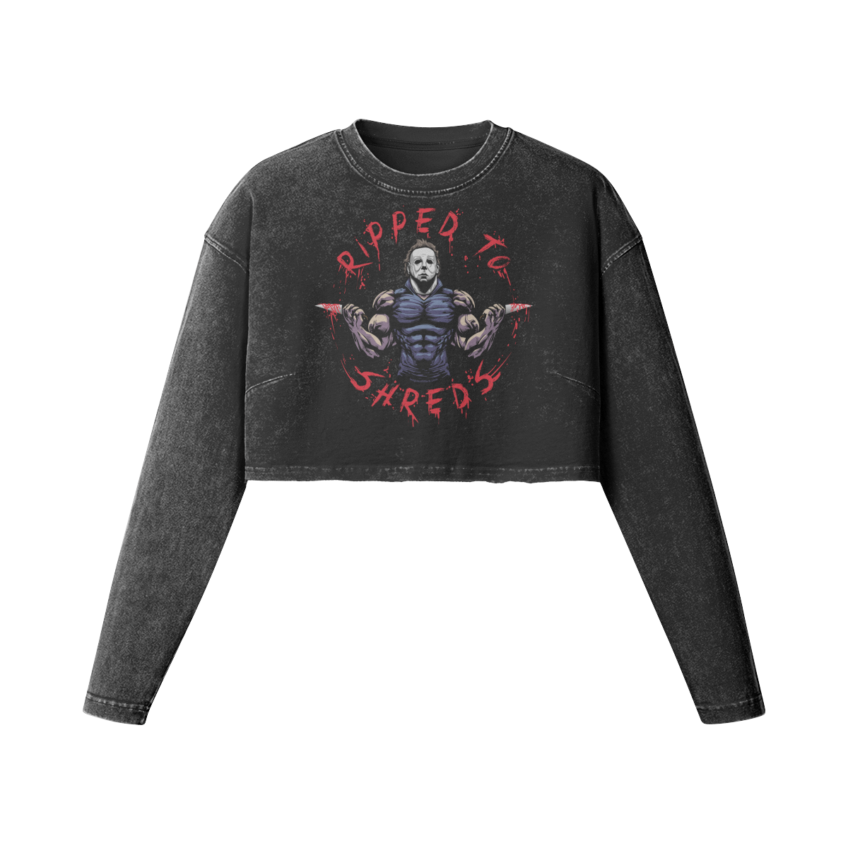 RIPPED TO SHREDS- Womens Long Sleeve Crop Top-Faded Black-League of Lifters