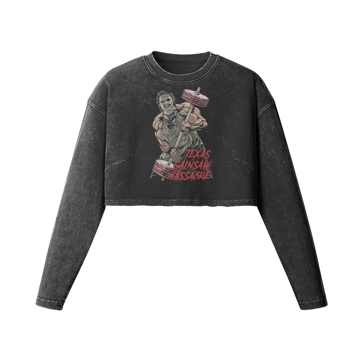 TEXAS GAINSAW MASSACRE- Womens Long Sleeve Crop Top-Faded Black-League of Lifters