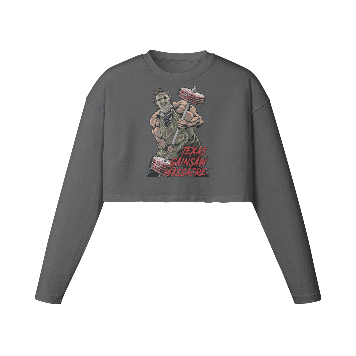 TEXAS GAINSAW MASSACRE- Womens Long Sleeve Crop Top-Carbon Gray-League of Lifters