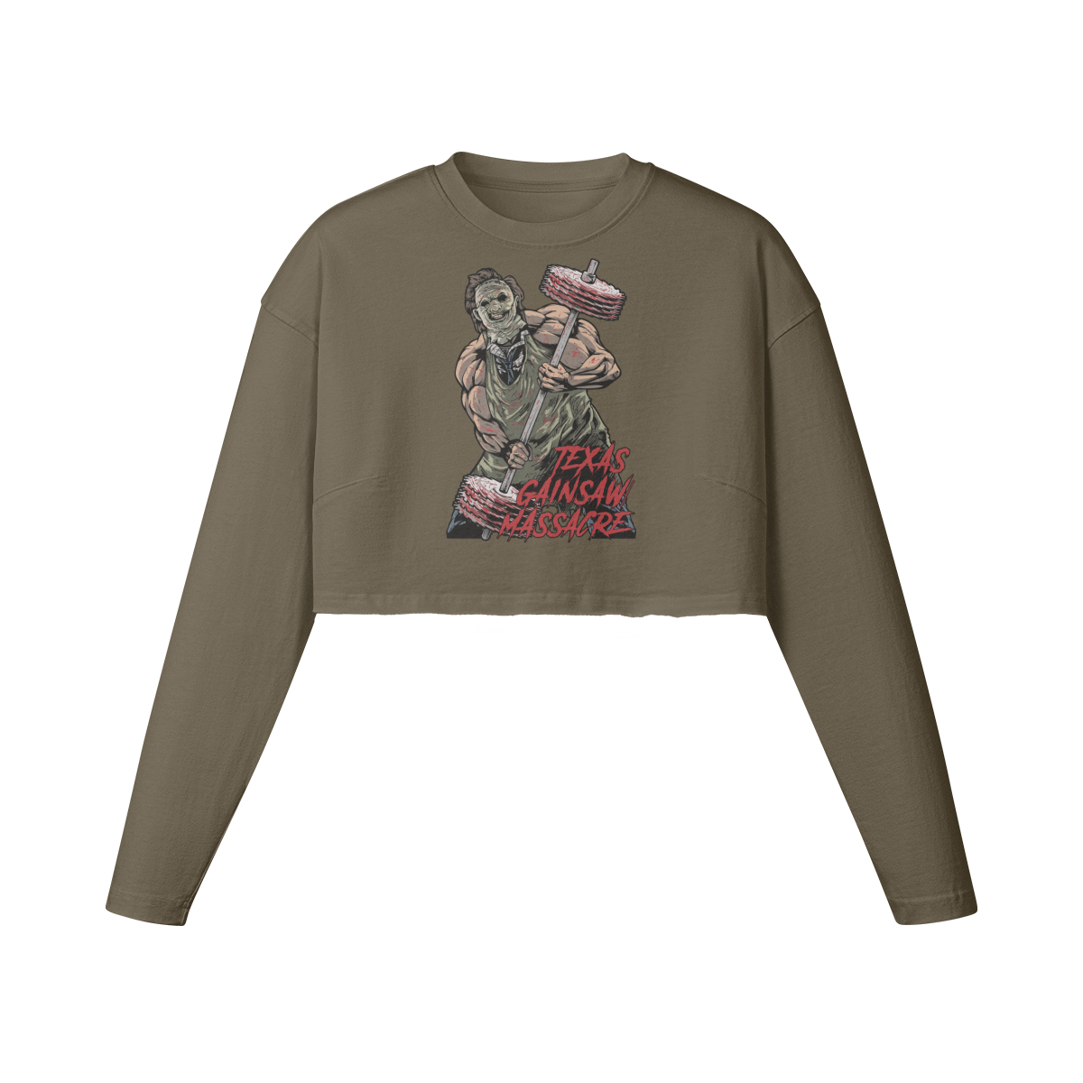 TEXAS GAINSAW MASSACRE- Womens Long Sleeve Crop Top-Army Brown-League of Lifters