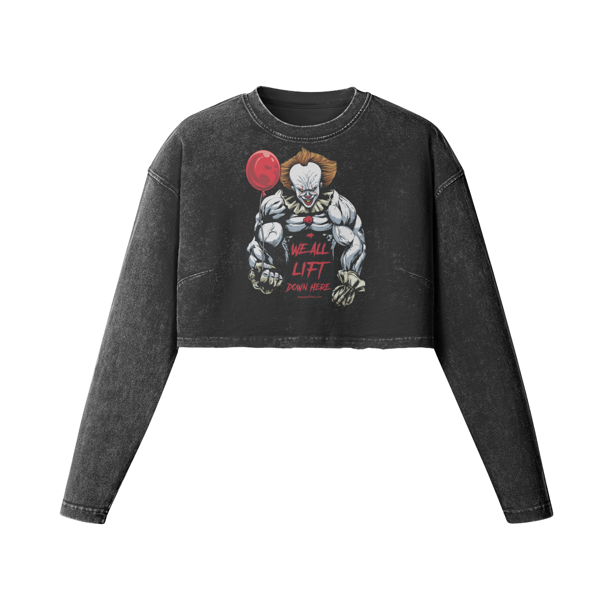 WE ALL LIFT DOWN HERE (BALLOON)- Womens Long Sleeve Crop Top-Faded Black-League of Lifters