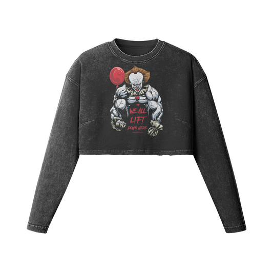 WE ALL LIFT DOWN HERE (BALLOON)- Womens Long Sleeve Crop Top-Faded Black-League of Lifters