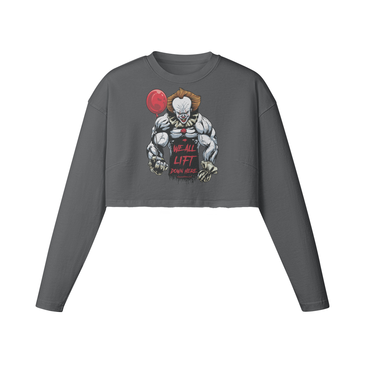 WE ALL LIFT DOWN HERE (BALLOON)- Womens Long Sleeve Crop Top-Carbon Gray-League of Lifters