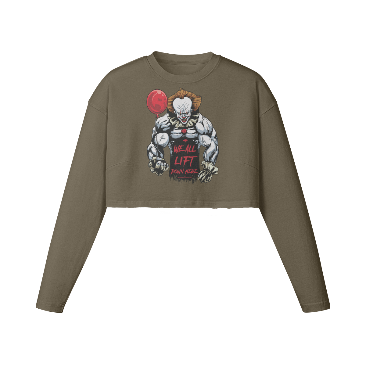 WE ALL LIFT DOWN HERE (BALLOON)- Womens Long Sleeve Crop Top-Army Brown-League of Lifters