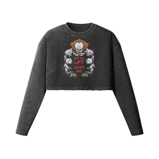 WE ALL LIFT DOWN HERE (CLASSIC)- Womens Long Sleeve Crop Top-Faded Black-League of Lifters