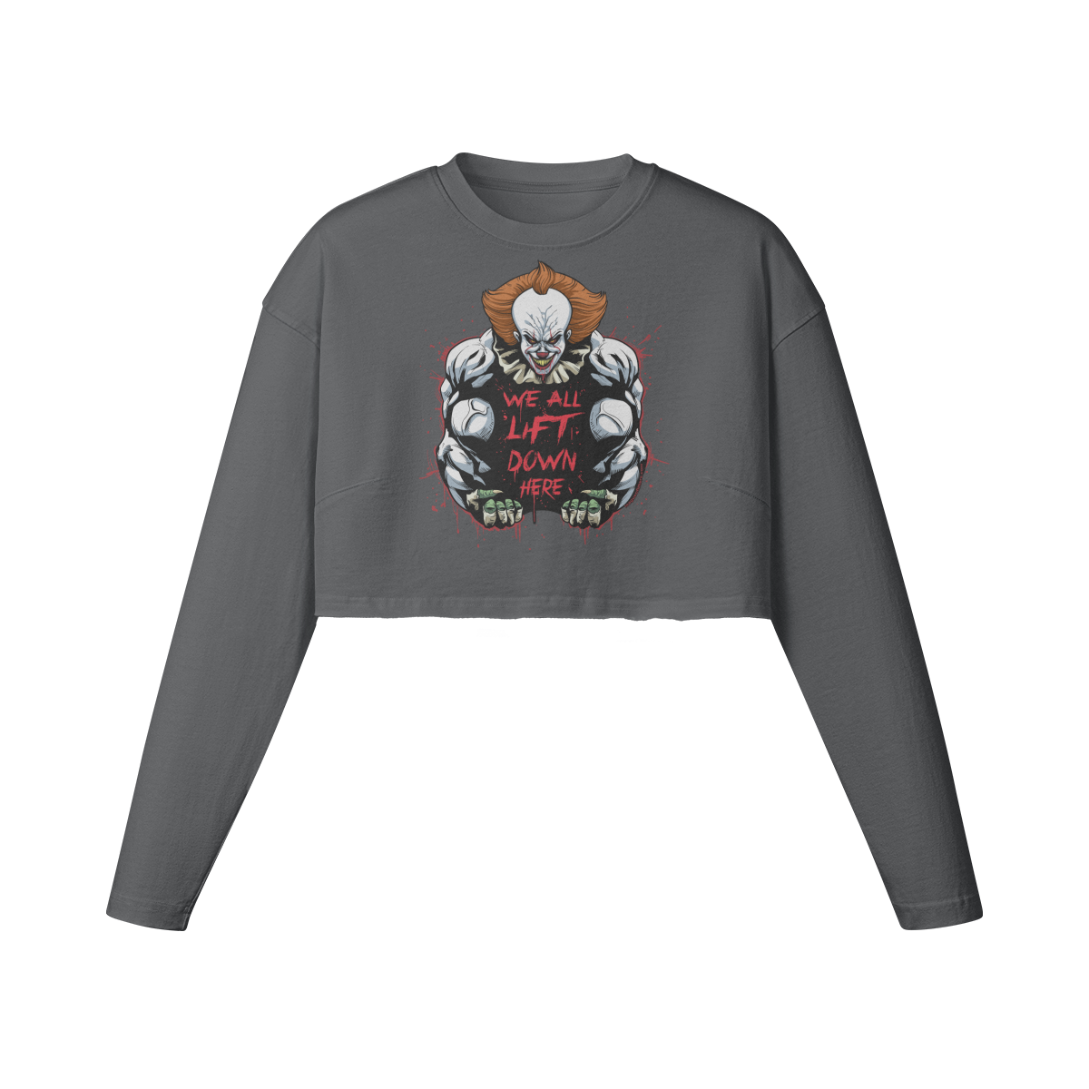 WE ALL LIFT DOWN HERE (CLASSIC)- Womens Long Sleeve Crop Top-Carbon Gray-League of Lifters