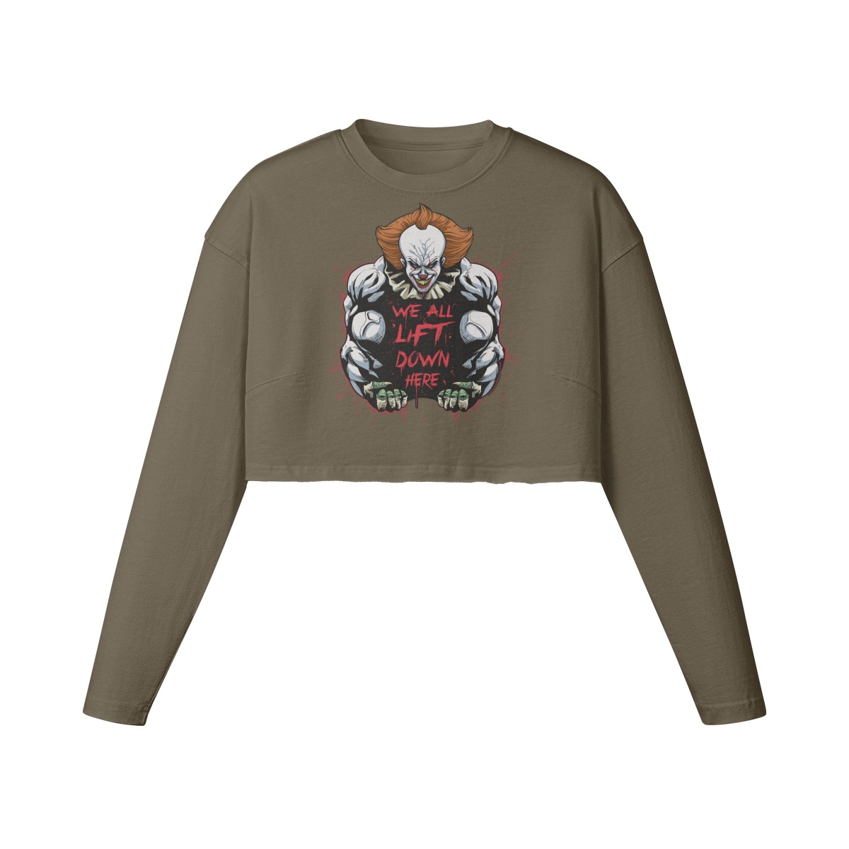 WE ALL LIFT DOWN HERE (CLASSIC)- Womens Long Sleeve Crop Top-Army Brown-League of Lifters