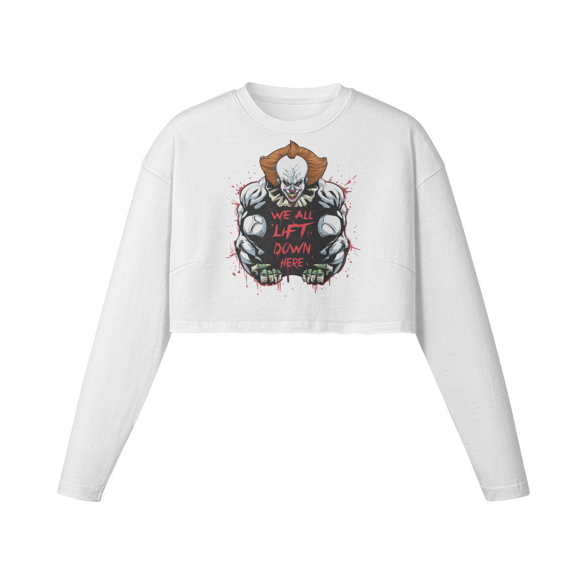 WE ALL LIFT DOWN HERE (CLASSIC)- Womens Long Sleeve Crop Top-White-League of Lifters