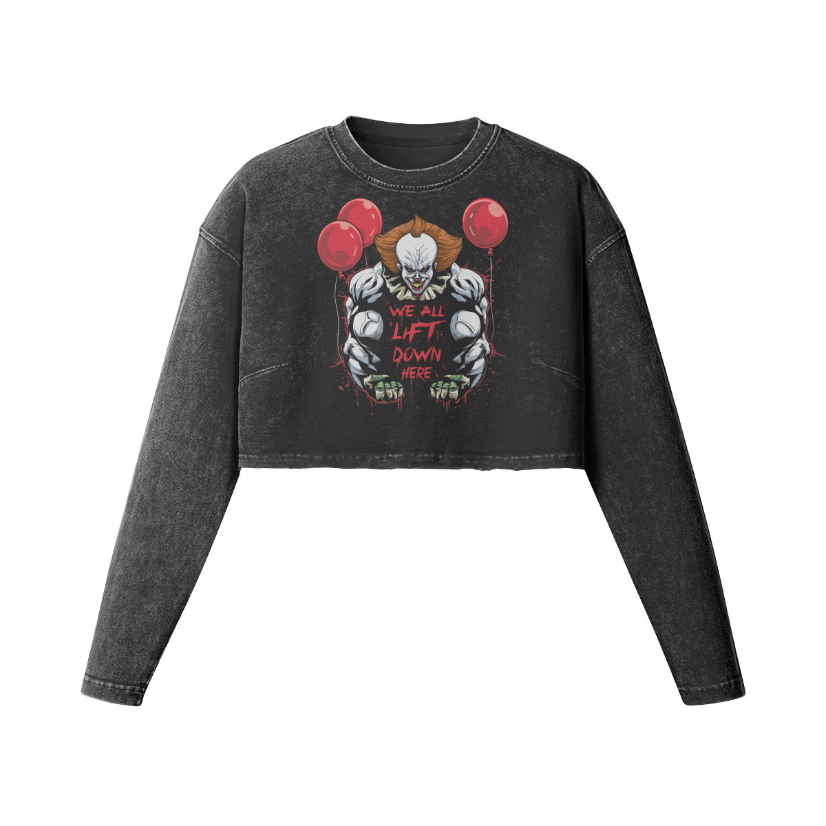 WE ALL LIFT DOWN HERE (CLASSIC BALLOONS)- Womens Long Sleeve Crop Top-Faded Black-League of Lifters