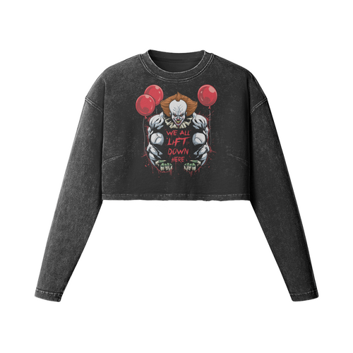 WE ALL LIFT DOWN HERE (CLASSIC BALLOONS)- Womens Long Sleeve Crop Top-Faded Black-League of Lifters