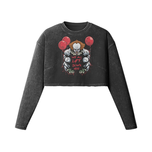 WE ALL LIFT DOWN HERE (CLASSIC BALLOONS)- Womens Long Sleeve Crop Top-Faded Black-League of Lifters