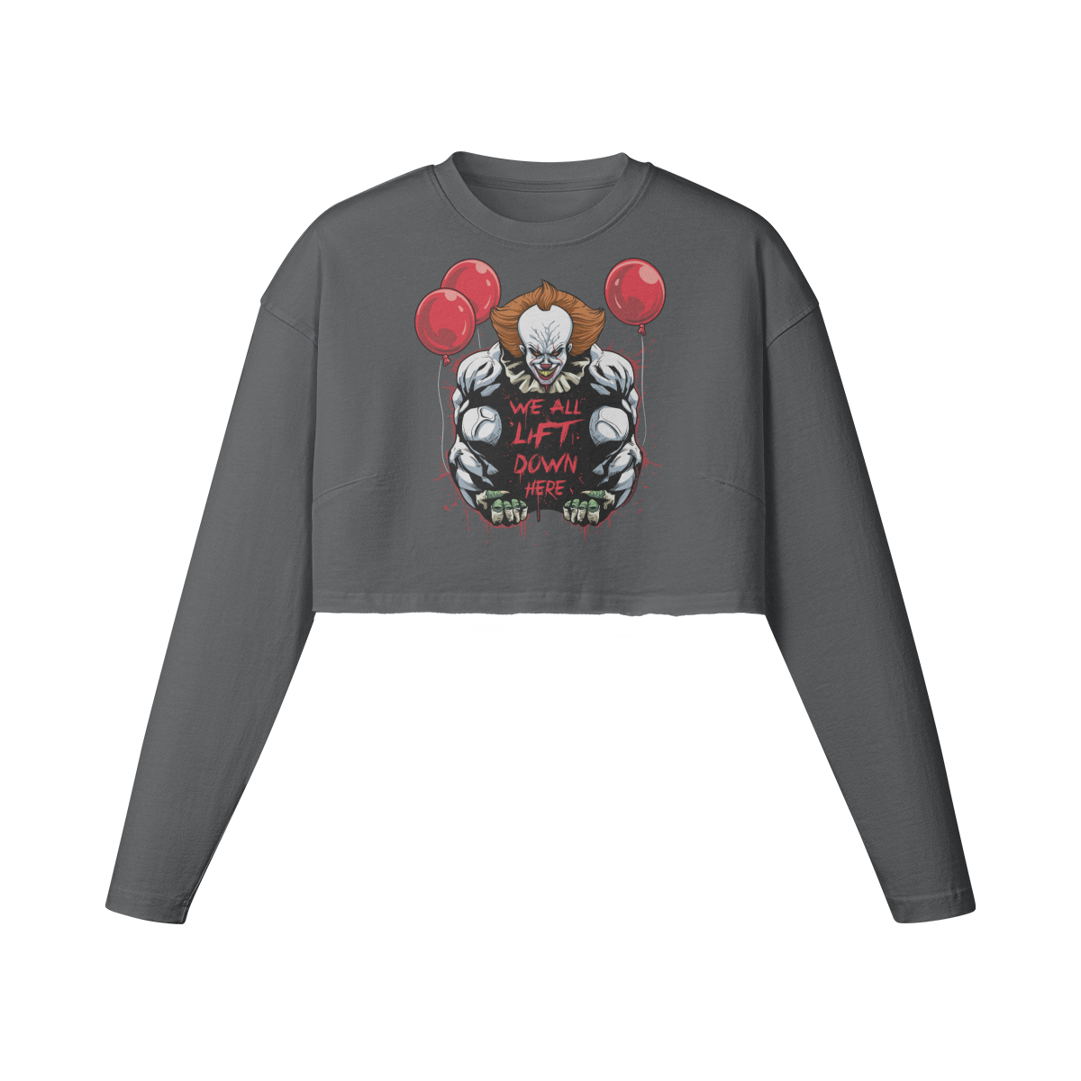 WE ALL LIFT DOWN HERE (CLASSIC BALLOONS)- Womens Long Sleeve Crop Top-Carbon Gray-League of Lifters