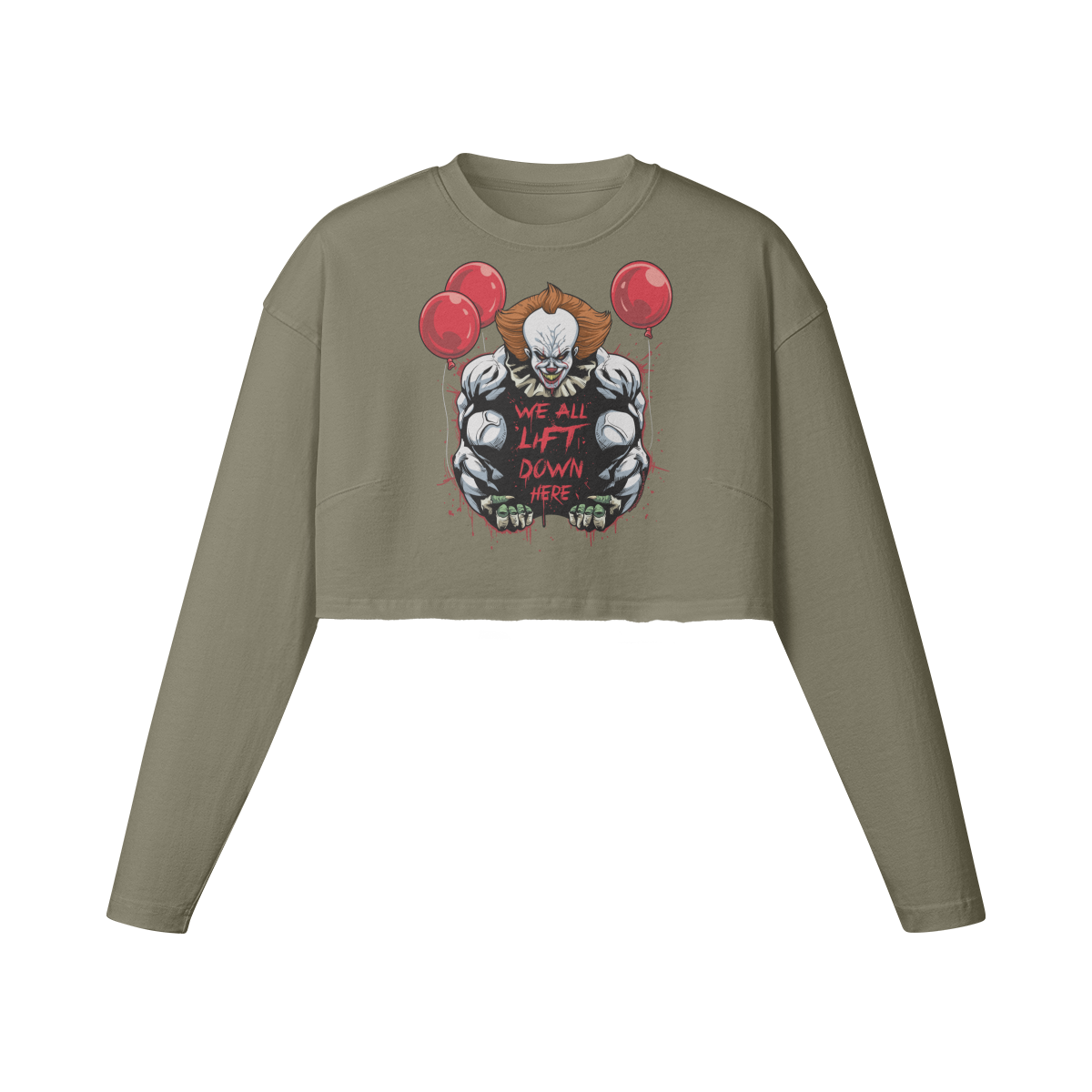 WE ALL LIFT DOWN HERE (CLASSIC BALLOONS)- Womens Long Sleeve Crop Top-Artichoke-League of Lifters