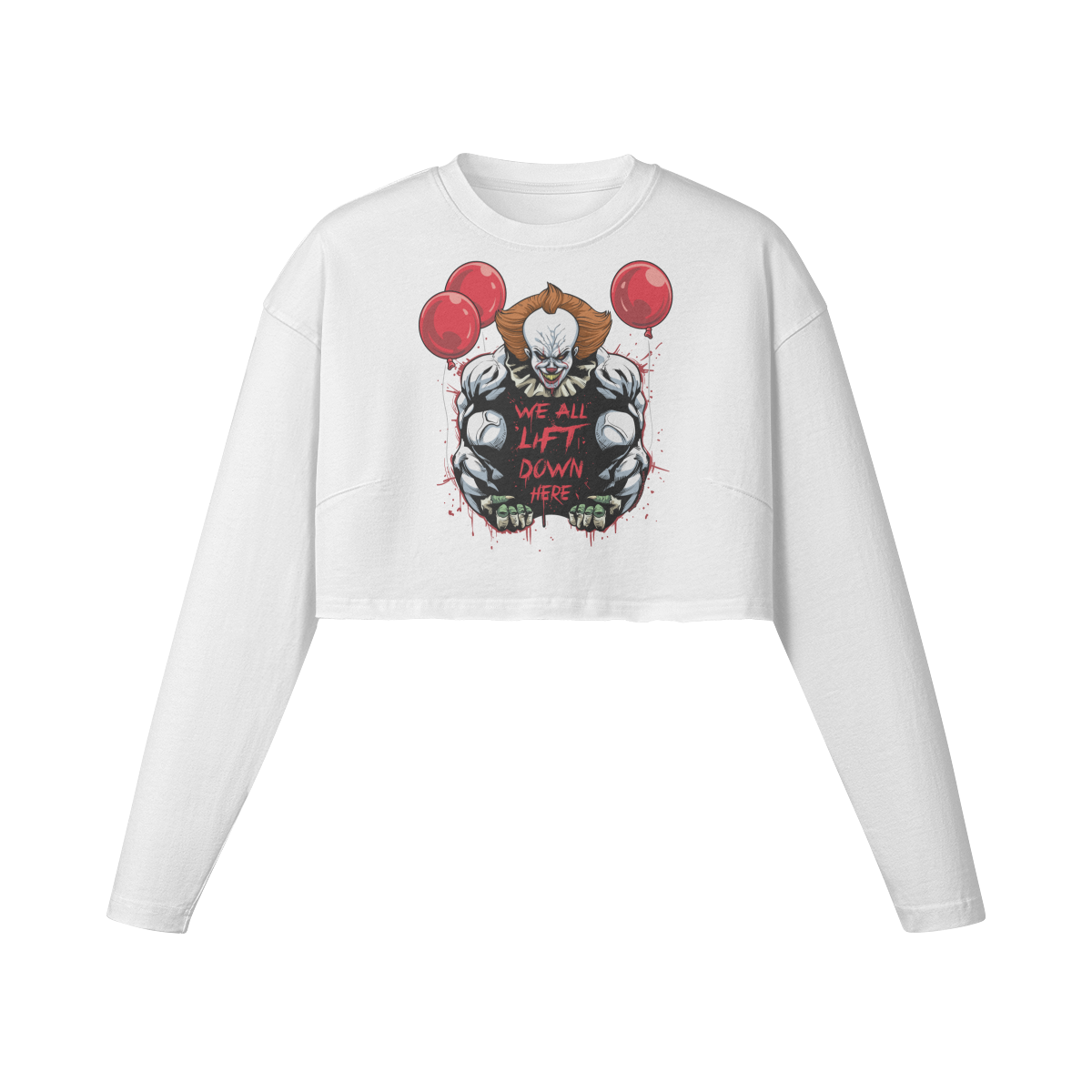 WE ALL LIFT DOWN HERE (CLASSIC BALLOONS)- Womens Long Sleeve Crop Top-White-League of Lifters