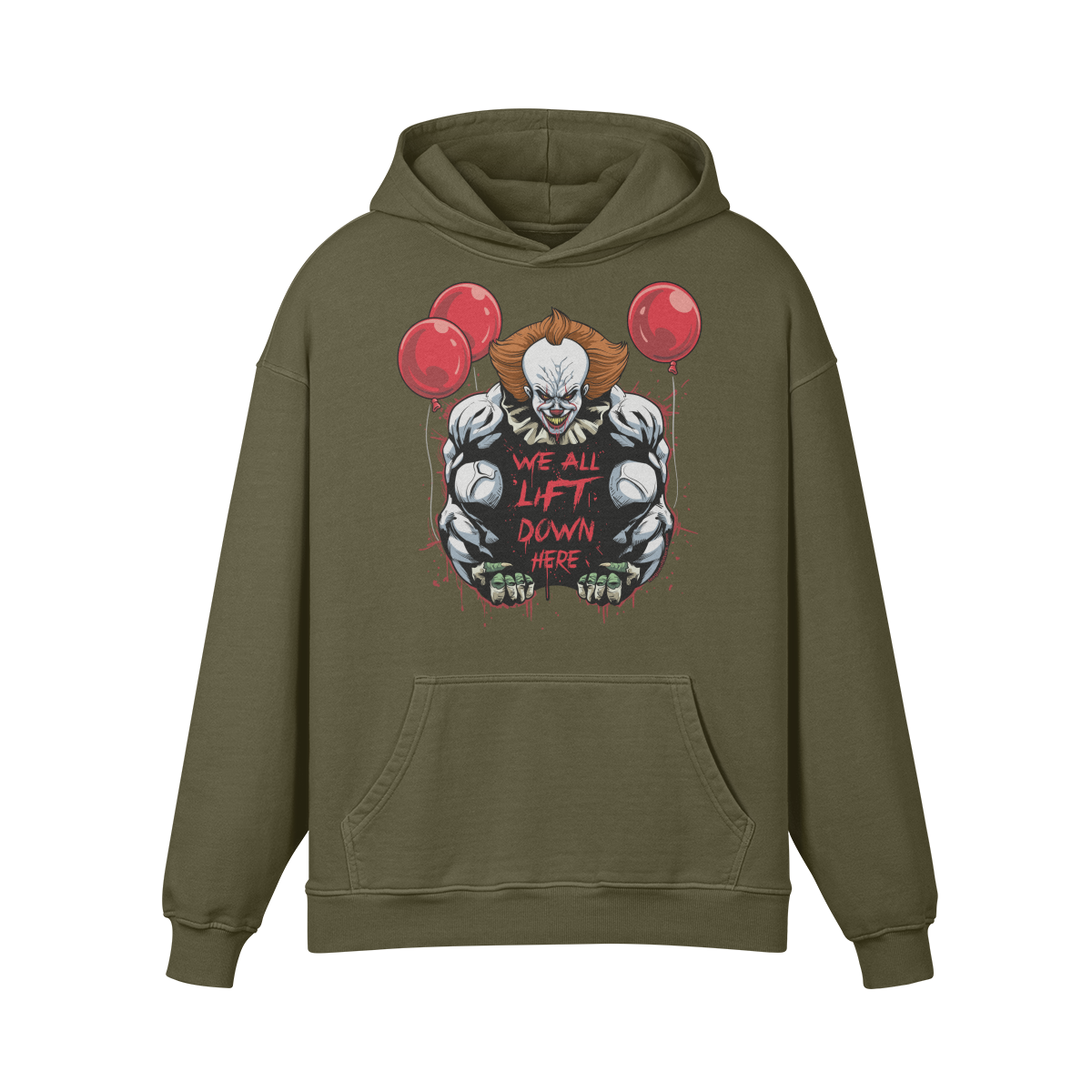 WE ALL LIFT DOWN HERE (CLASSIC BALLOONS)- Oversized Hoodie-Olive Green-League of Lifters