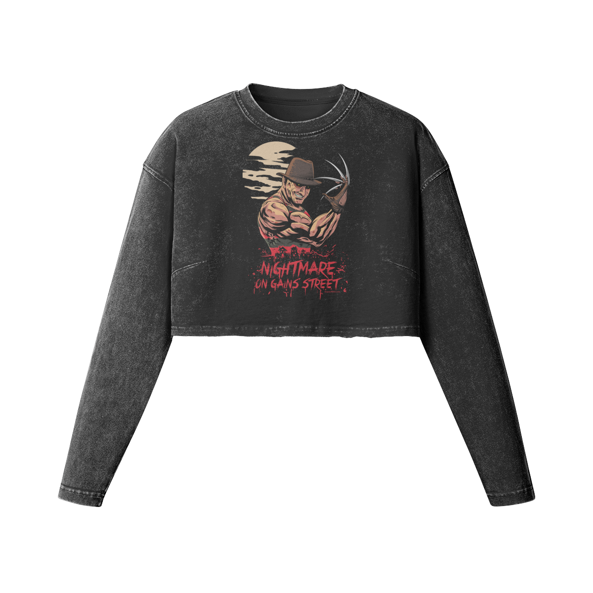 NIGHTMARE ON GAINS STREET- Womens Long Sleeve Crop Top-Faded Black-League of Lifters