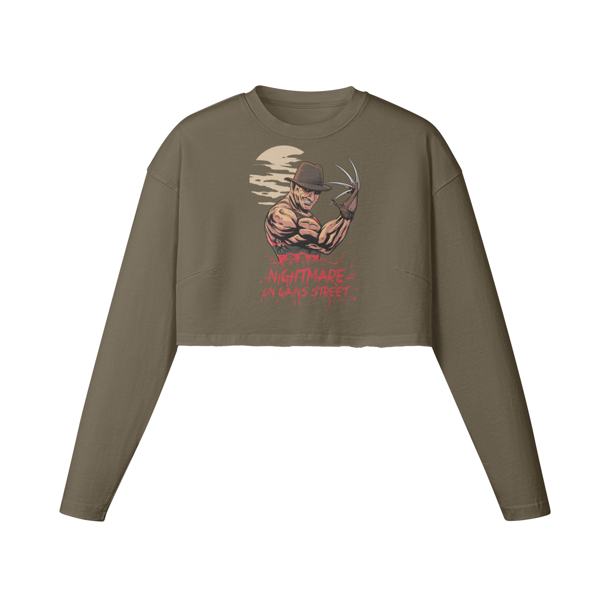 NIGHTMARE ON GAINS STREET- Womens Long Sleeve Crop Top-Army Brown-League of Lifters