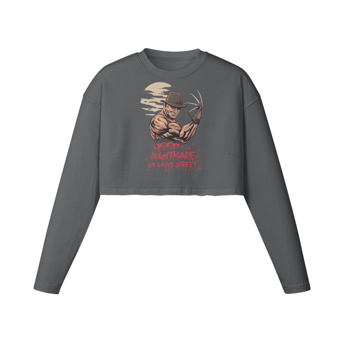 NIGHTMARE ON GAINS STREET- Womens Long Sleeve Crop Top-Carbon Gray-League of Lifters