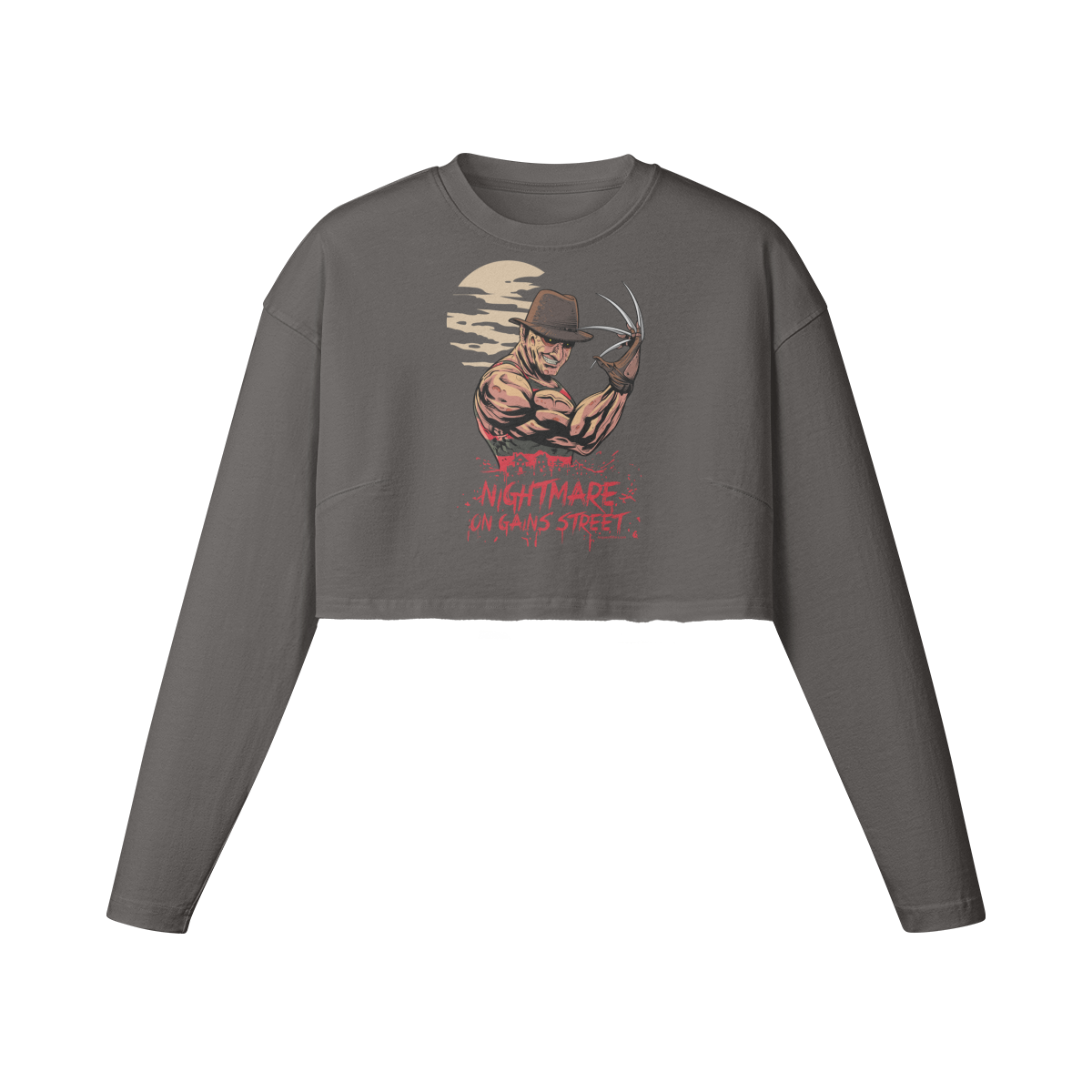NIGHTMARE ON GAINS STREET- Womens Long Sleeve Crop Top-Granite Gray-League of Lifters