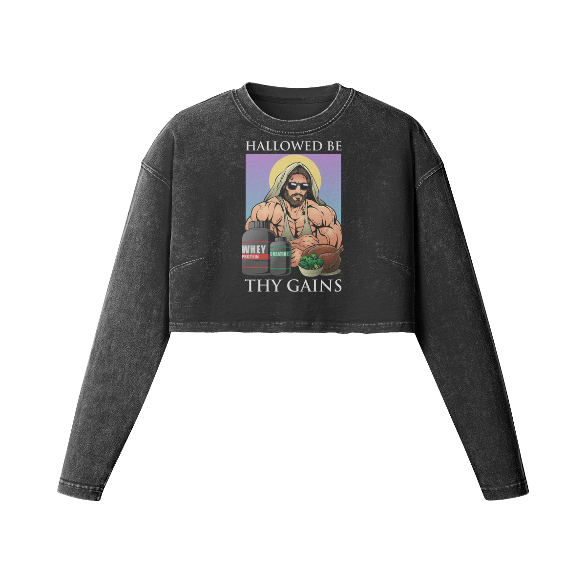 HALLOWED BE THY GAINS- Womens Long Sleeve Crop Top-Faded Black-League of Lifters