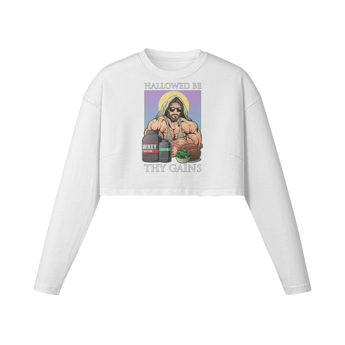 HALLOWED BE THY GAINS- Womens Long Sleeve Crop Top-White-League of Lifters
