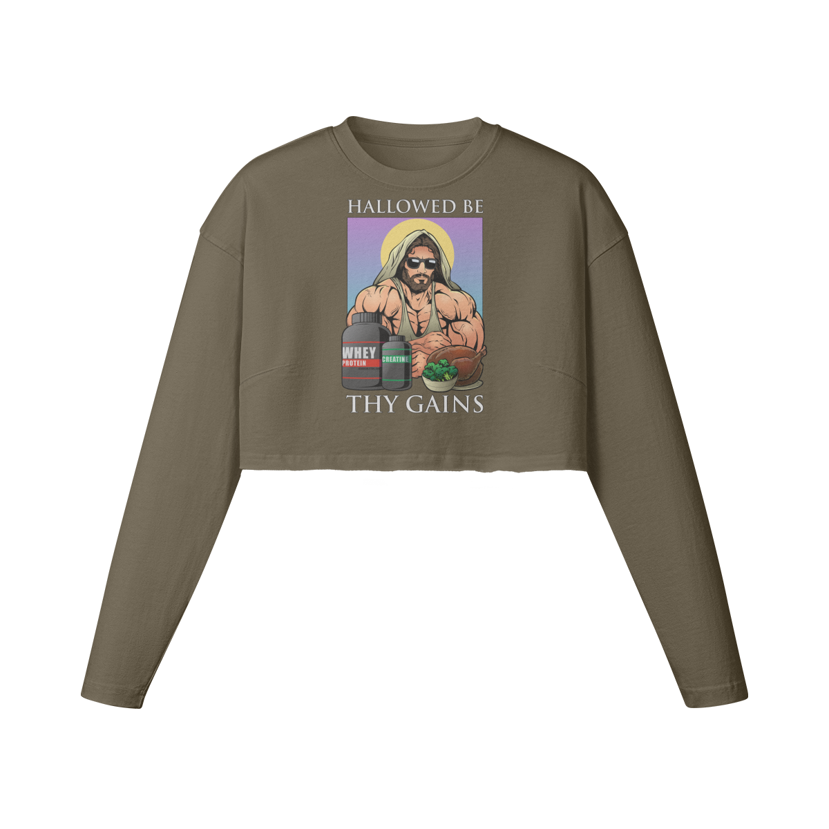 HALLOWED BE THY GAINS- Womens Long Sleeve Crop Top-Army Brown-League of Lifters