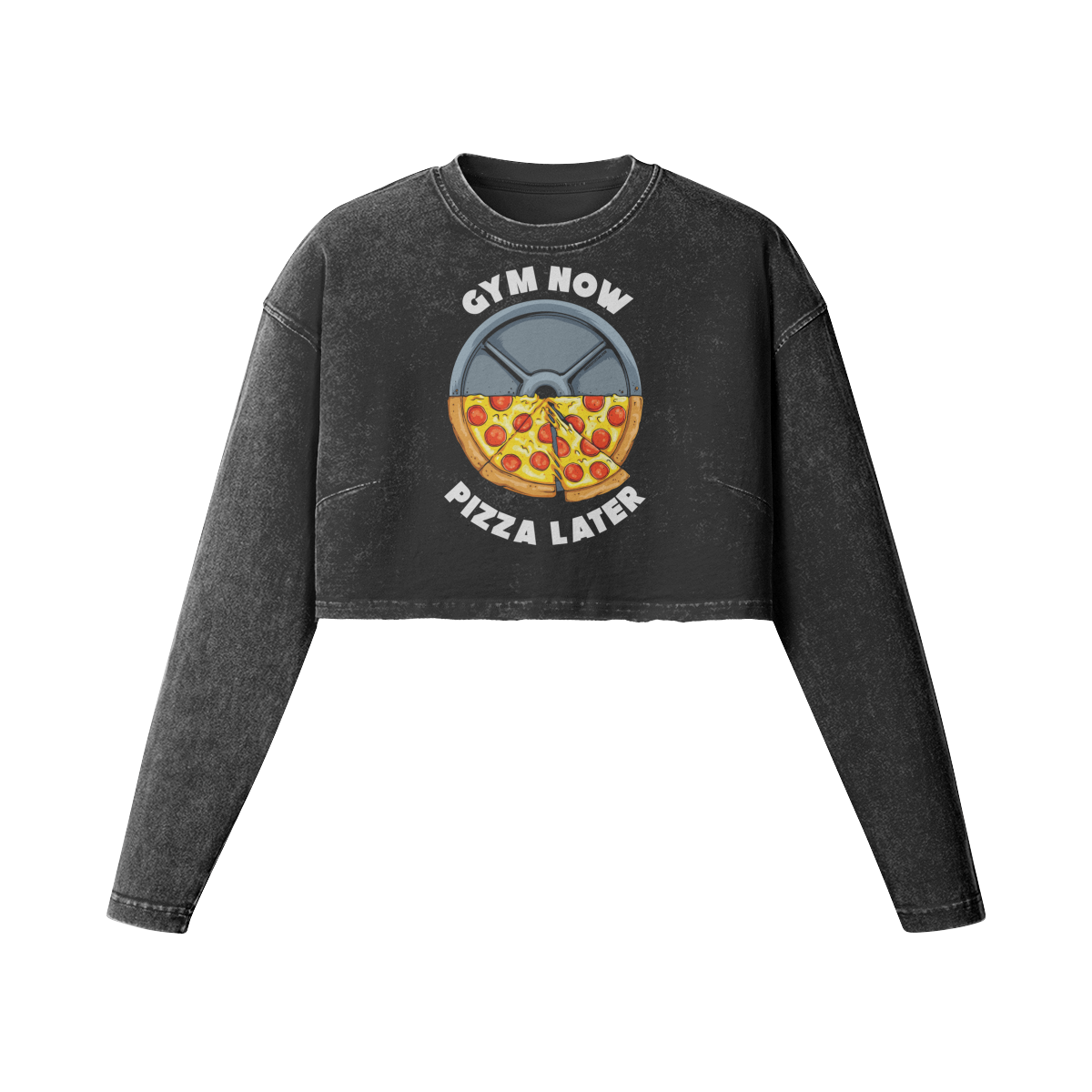GYM NOW PIZZA LATER- Womens Long Sleeve Crop Top-Faded Black-League of Lifters