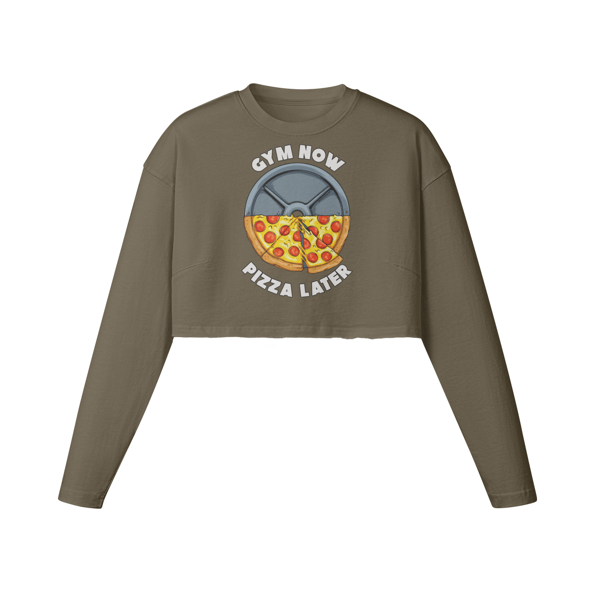 GYM NOW PIZZA LATER- Womens Long Sleeve Crop Top-Army Brown-League of Lifters