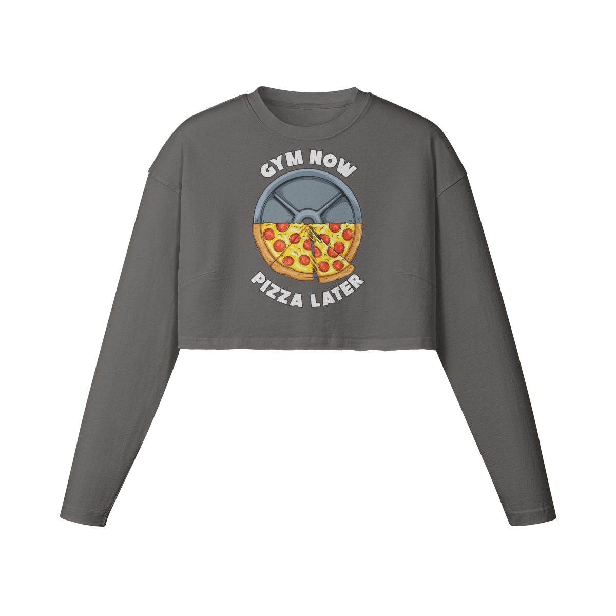 GYM NOW PIZZA LATER- Womens Long Sleeve Crop Top-Granite Gray-League of Lifters