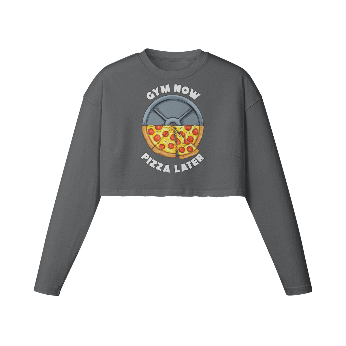 GYM NOW PIZZA LATER- Womens Long Sleeve Crop Top-Carbon Gray-League of Lifters