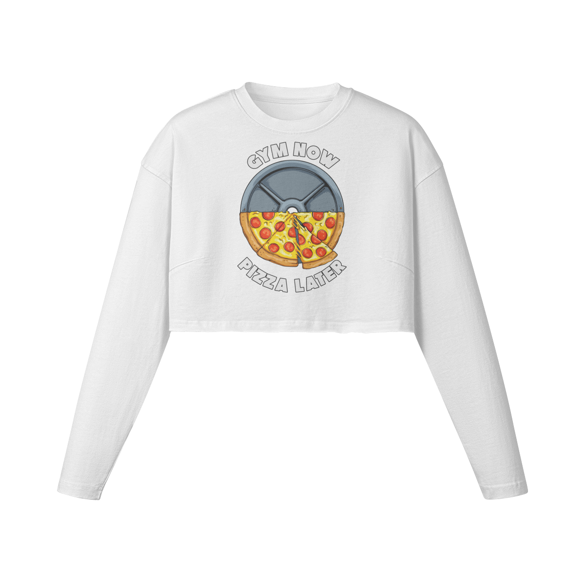 GYM NOW PIZZA LATER- Womens Long Sleeve Crop Top-White-League of Lifters