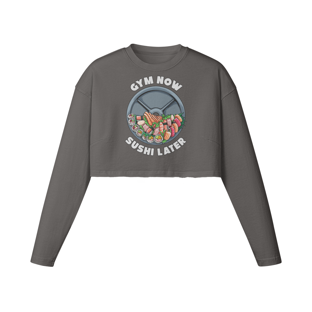 GYM NOW SUSHI LATER- Womens Long Sleeve Crop Top-Granite Gray-League of Lifters