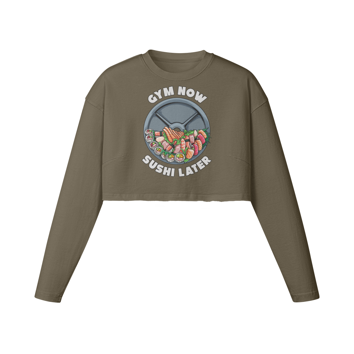 GYM NOW SUSHI LATER- Womens Long Sleeve Crop Top-Army Brown-League of Lifters