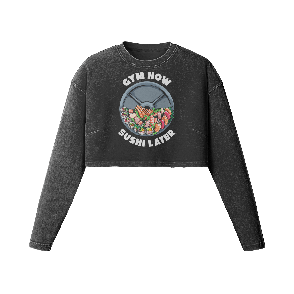 GYM NOW SUSHI LATER- Womens Long Sleeve Crop Top-Faded Black-League of Lifters