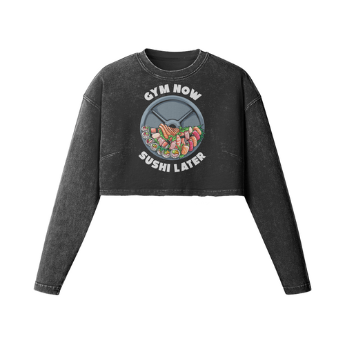 GYM NOW SUSHI LATER- Womens Long Sleeve Crop Top-Faded Black-League of Lifters