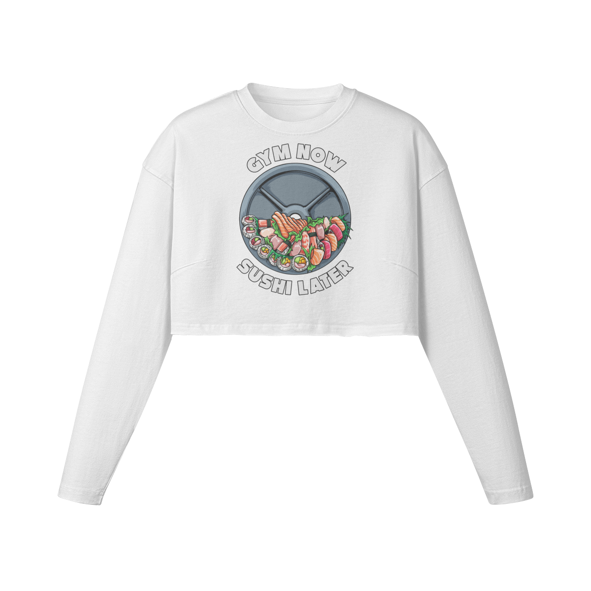 GYM NOW SUSHI LATER- Womens Long Sleeve Crop Top-White-League of Lifters