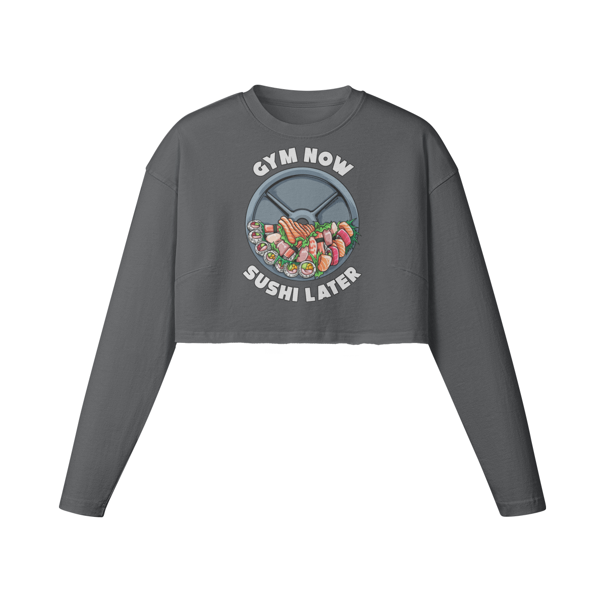 GYM NOW SUSHI LATER- Womens Long Sleeve Crop Top-Carbon Gray-League of Lifters