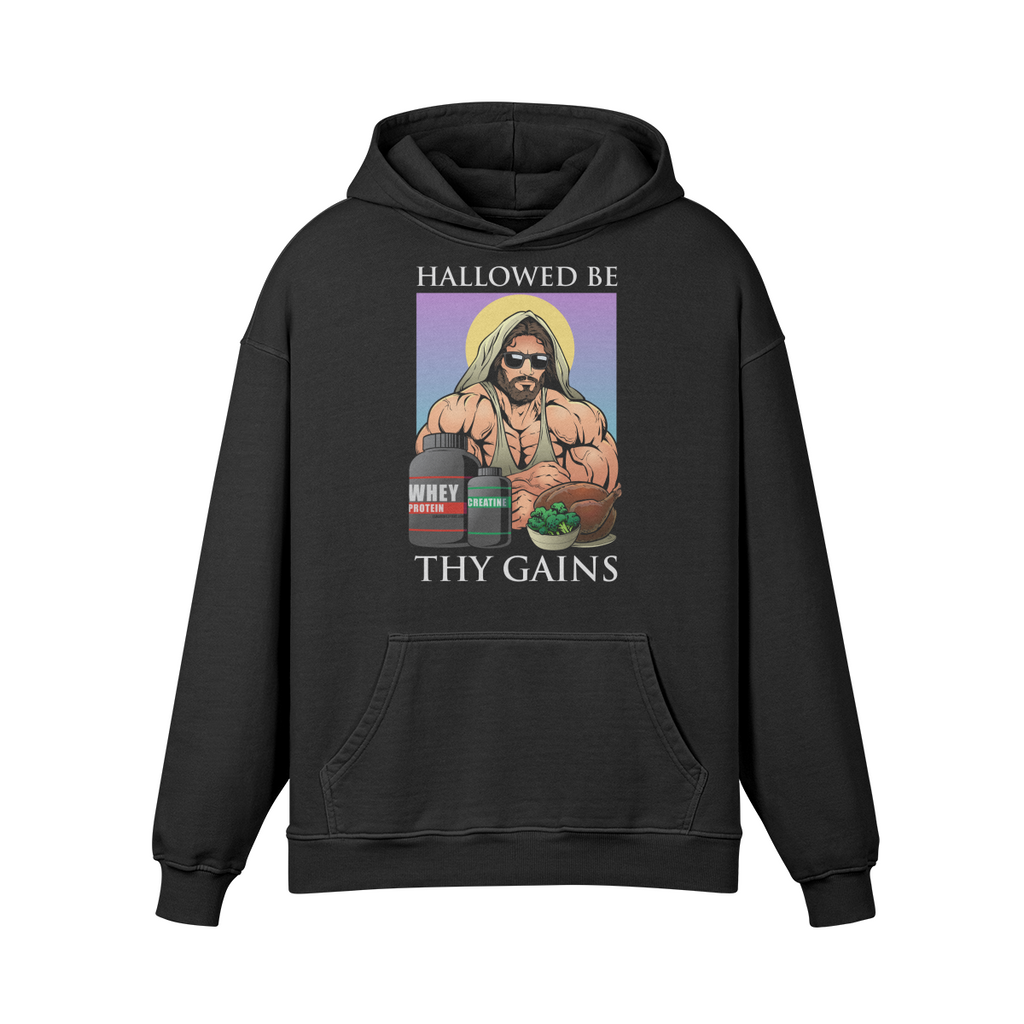 HALLOWED BE THY GAINS- Oversized Hoodie-Faded Black-League of Lifters