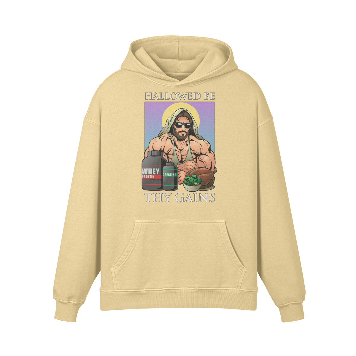 HALLOWED BE THY GAINS- Oversized Hoodie-Desert Sand-League of Lifters