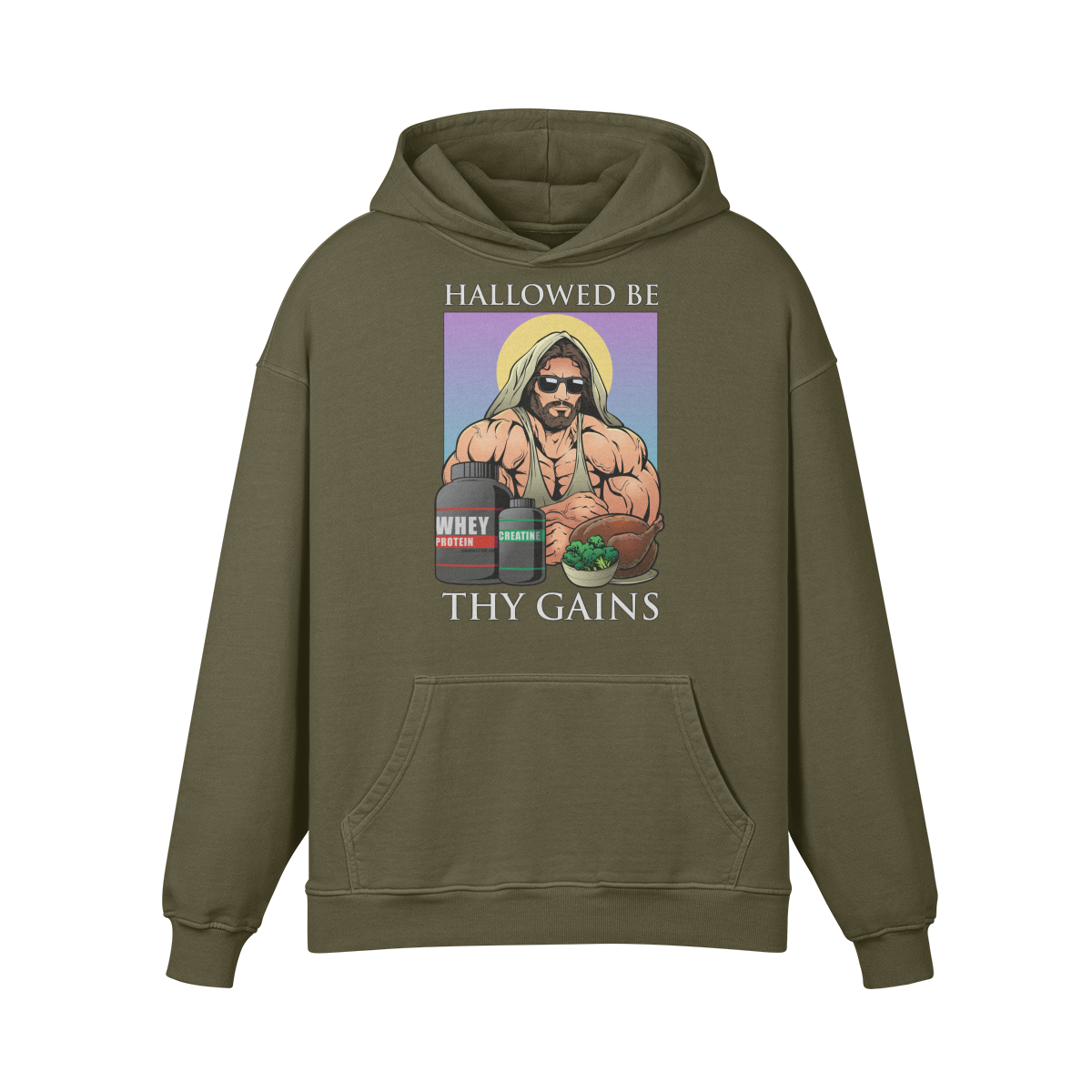 HALLOWED BE THY GAINS- Oversized Hoodie-Olive Green-League of Lifters