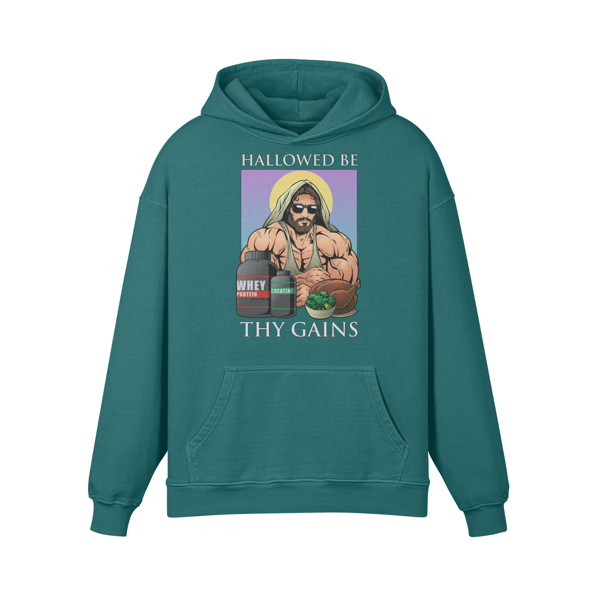 HALLOWED BE THY GAINS- Oversized Hoodie-Blueish Green-League of Lifters