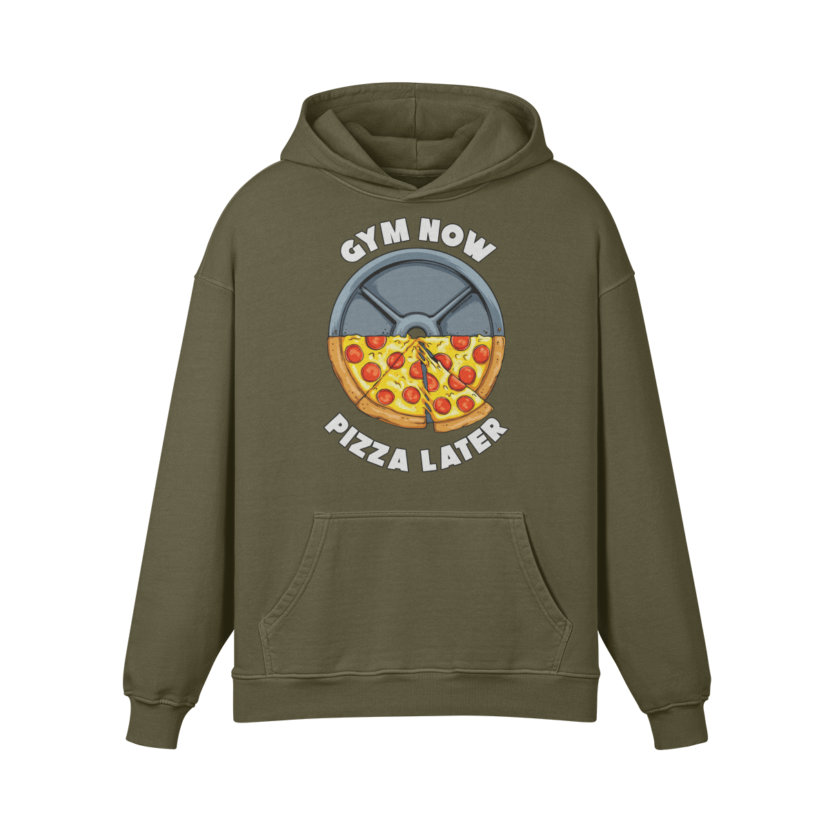 GYM NOW PIZZA LATER- Oversized Hoodie-Olive Green-League of Lifters
