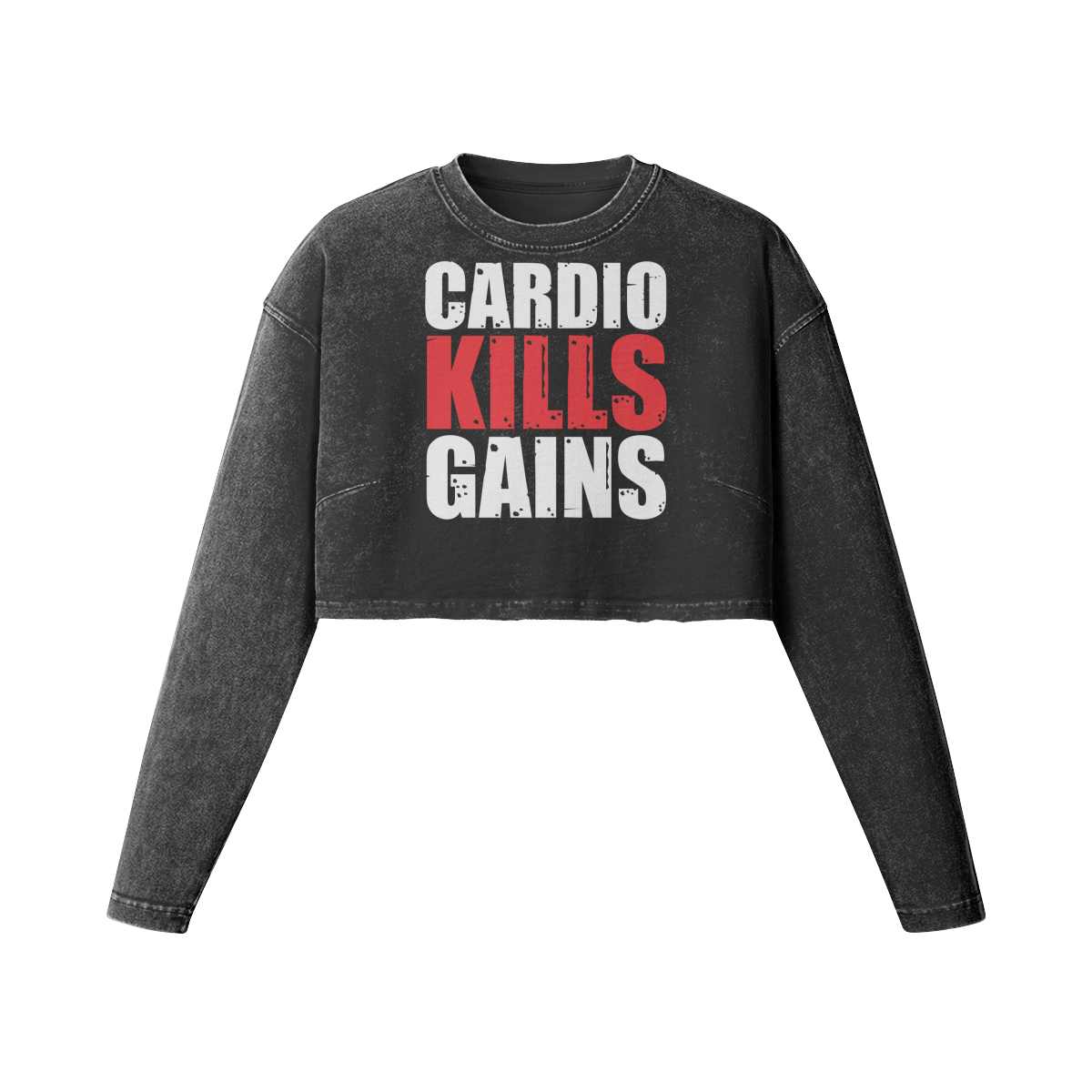 CARDIO KILLS GAINS- Womens Long Sleeve Crop Top-Faded Black-League of Lifters
