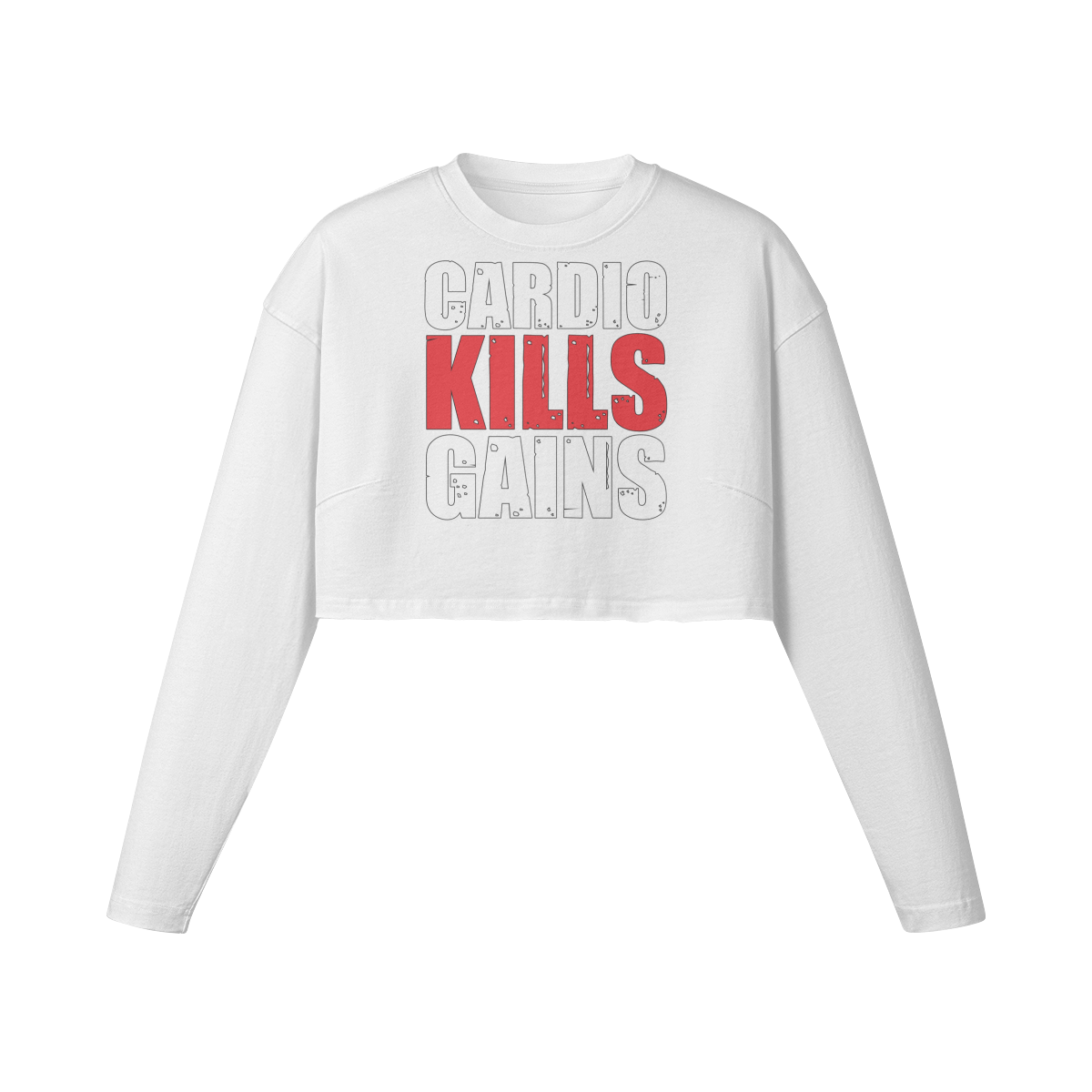 CARDIO KILLS GAINS- Womens Long Sleeve Crop Top-White-League of Lifters