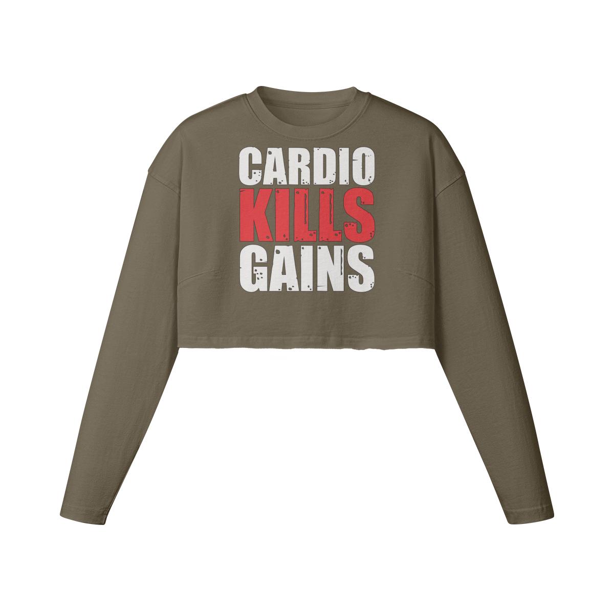 CARDIO KILLS GAINS- Womens Long Sleeve Crop Top-Army Brown-League of Lifters