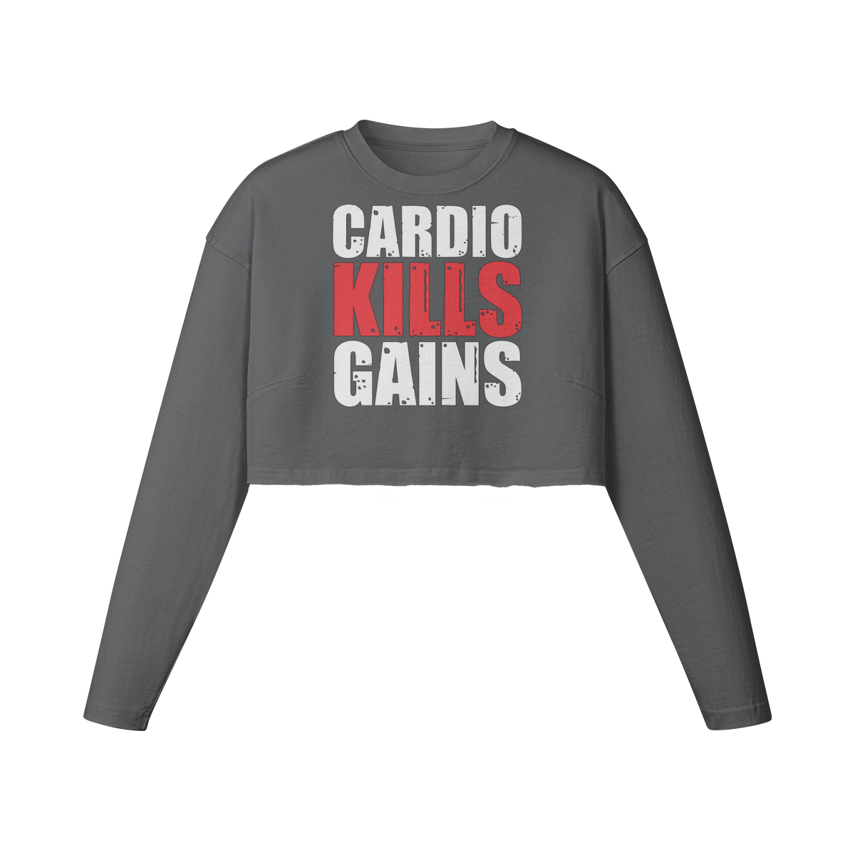 CARDIO KILLS GAINS- Womens Long Sleeve Crop Top-Carbon Gray-League of Lifters