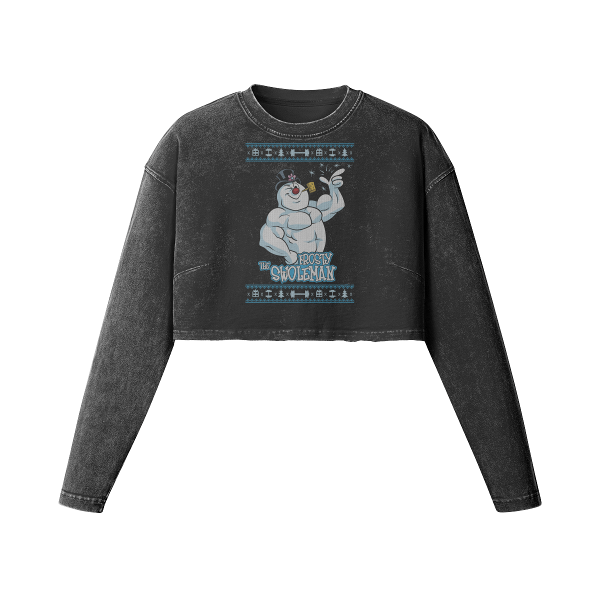FROSTY THE SWOLEMAN- Womens Long Sleeve Crop Top-Faded Black-League of Lifters